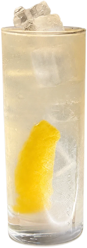 Cocktail chiaro e frizzante con scorza di limone, servito in bicchiere alto